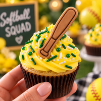 Decorated softball bat mini cookie topper on cupcake with yellow frosting