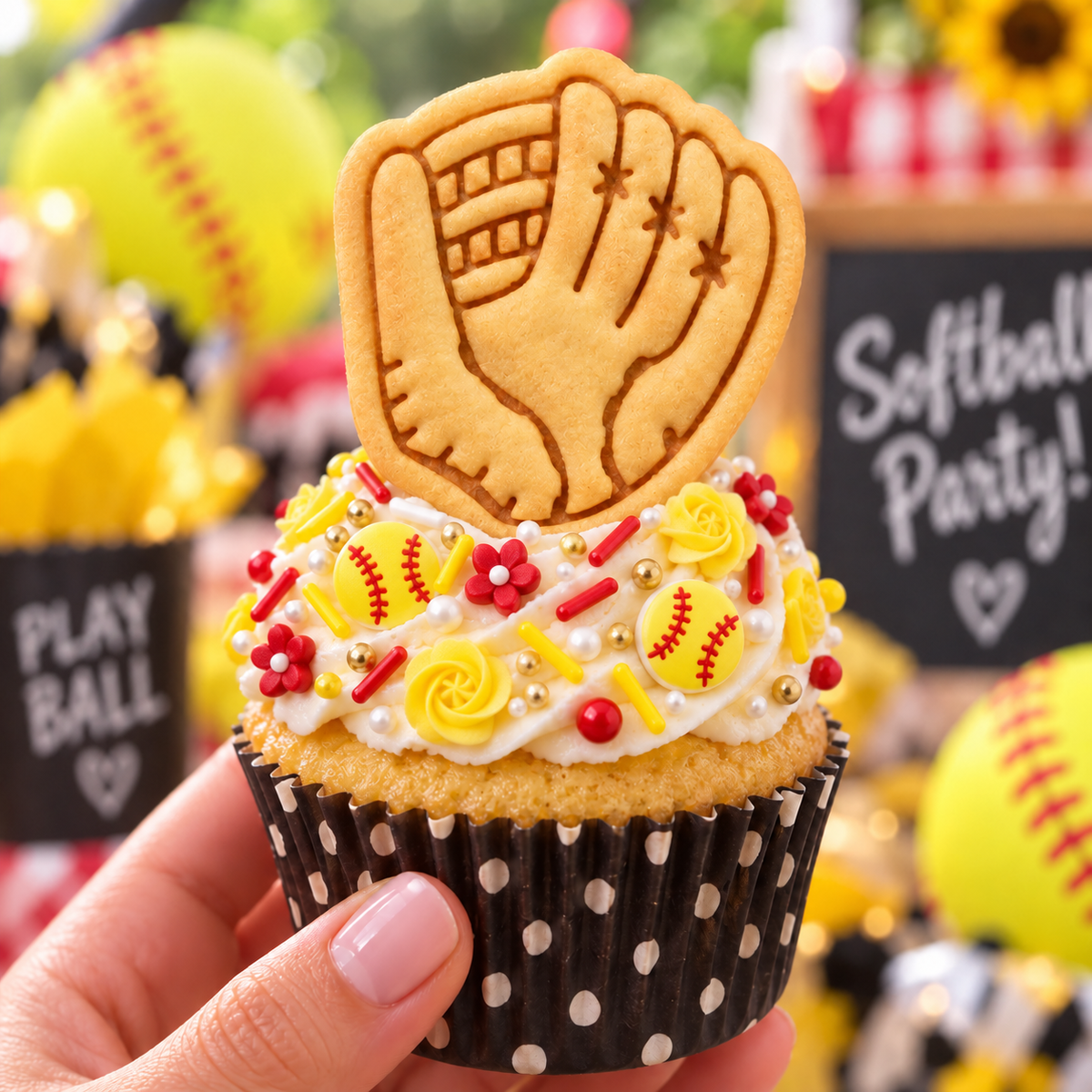 Softball glove cookie topper on decorated cupcake at softball party
