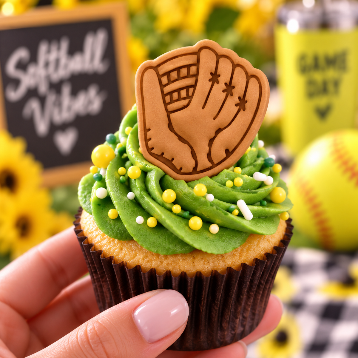 Softball glove cookie topper on green frosted cupcake with sports party background