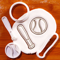 Softball and bat mini cookie cutter and stamp set shown with stamped fondant