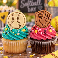 Softball and glove mini fondant toppers on colourful softball themed cupcakes