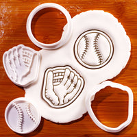 Softball and glove mini cookie cutter and stamp set shown with stamped fondant