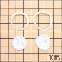 Softball and glove mini cookie cutter and stamp set shown on inch measurement grid