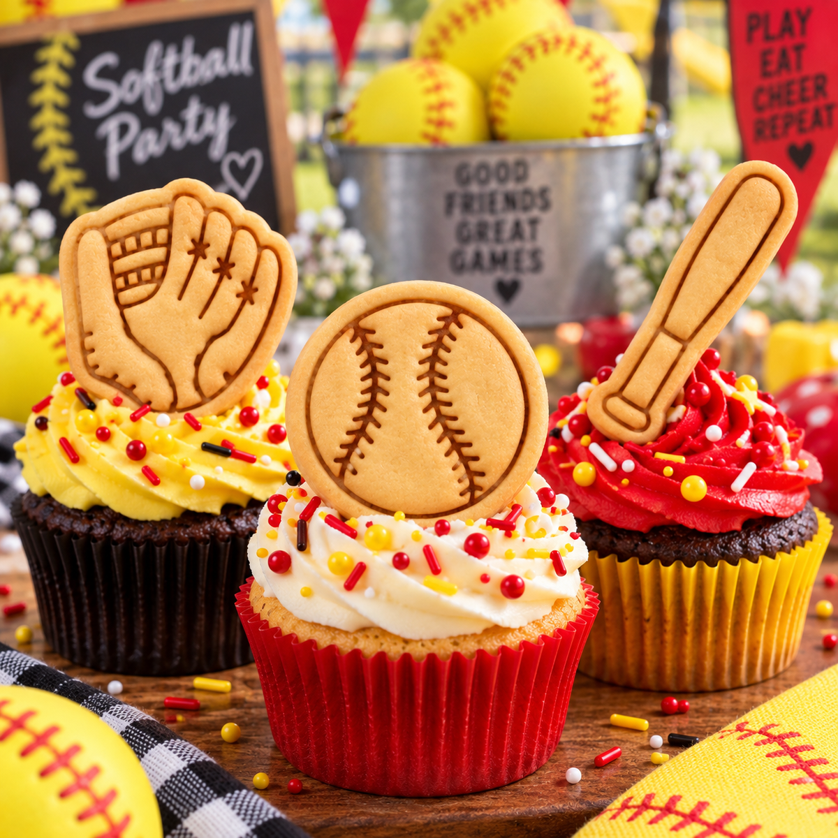 Softball bat and glove mini cookie toppers decorating cupcakes for a softball party