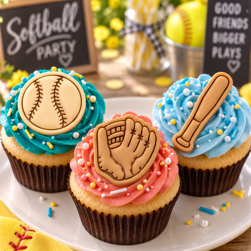 Softball bat and glove stamped fondant toppers on colourful sports party cupcakes