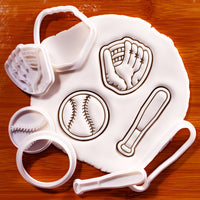 Softball bat and glove mini cookie cutter and stamp set shown with stamped fondant