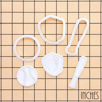 Softball bat and glove mini cookie cutter and stamp set shown on inch measurement grid