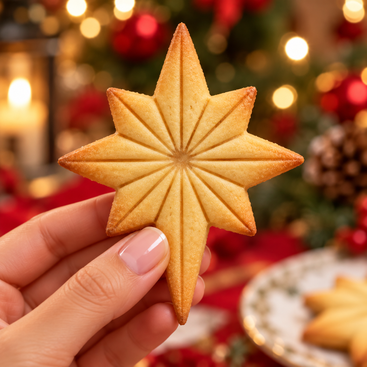 Baked Star of Bethlehem Christmas cookie with detailed eight-point star impression for festive baking