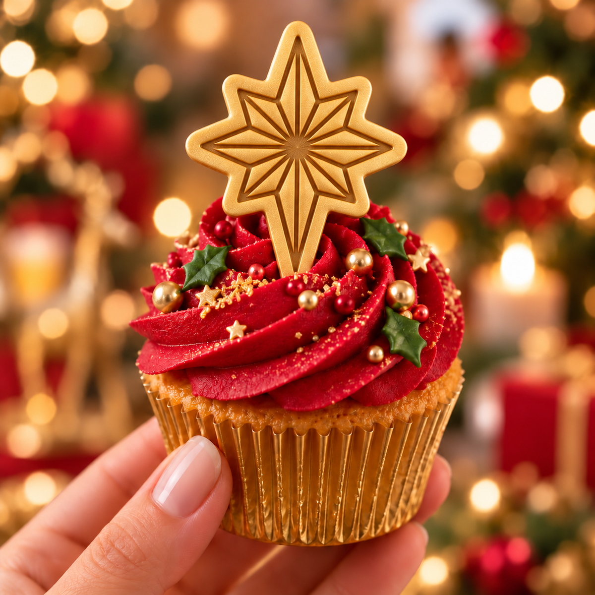 1. Gold Star of Bethlehem cupcake topper with detailed eight-point Christmas star design for festive holiday baking