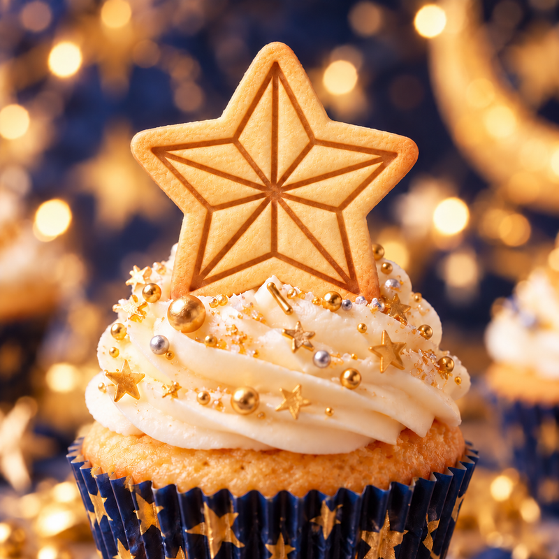 Five-point star cookie cupcake topper made with mini star cookie cutter and geometric stamp