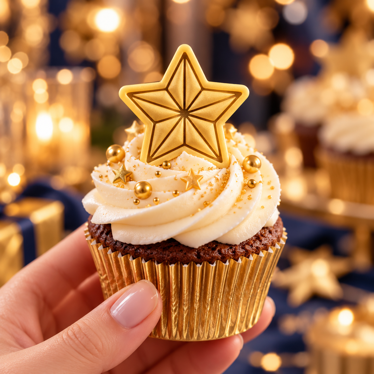 Gold five-point star fondant cupcake topper made with mini cookie cutter and stamp for party baking