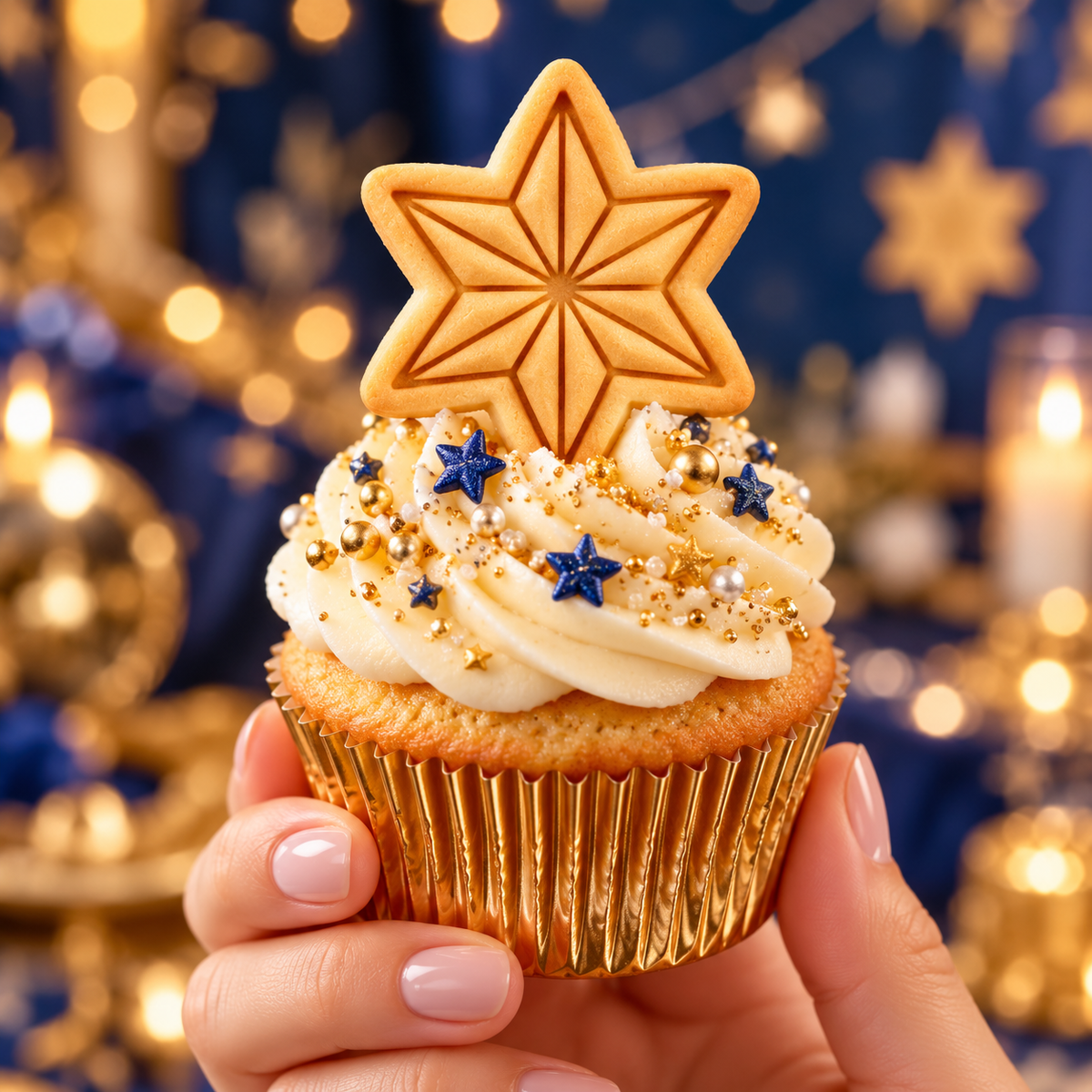Six-point star cookie cupcake topper made with mini geometric star cookie cutter and stamp