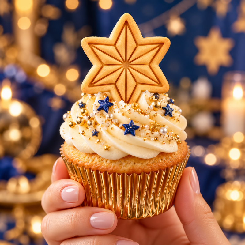 Six-point star cookie cupcake topper made with mini geometric star cookie cutter and stamp
