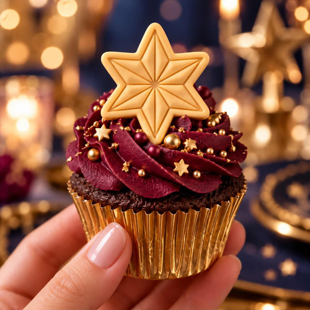 Gold six-point star fondant cupcake topper made with mini cookie cutter and geometric stamp