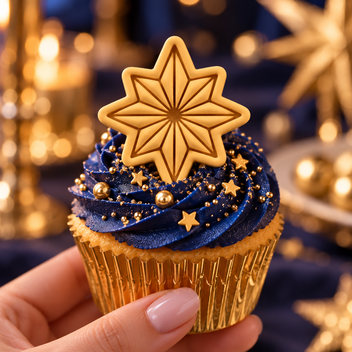 Gold eight-point star fondant cupcake topper made with mini cookie cutter and geometric stamp