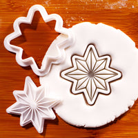 8-point star mini cookie cutter and stamp set with geometric star impression in fondant