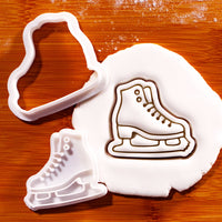 Ice skate mini cookie cutter and stamp set with lace-up skating boot impression in fondant