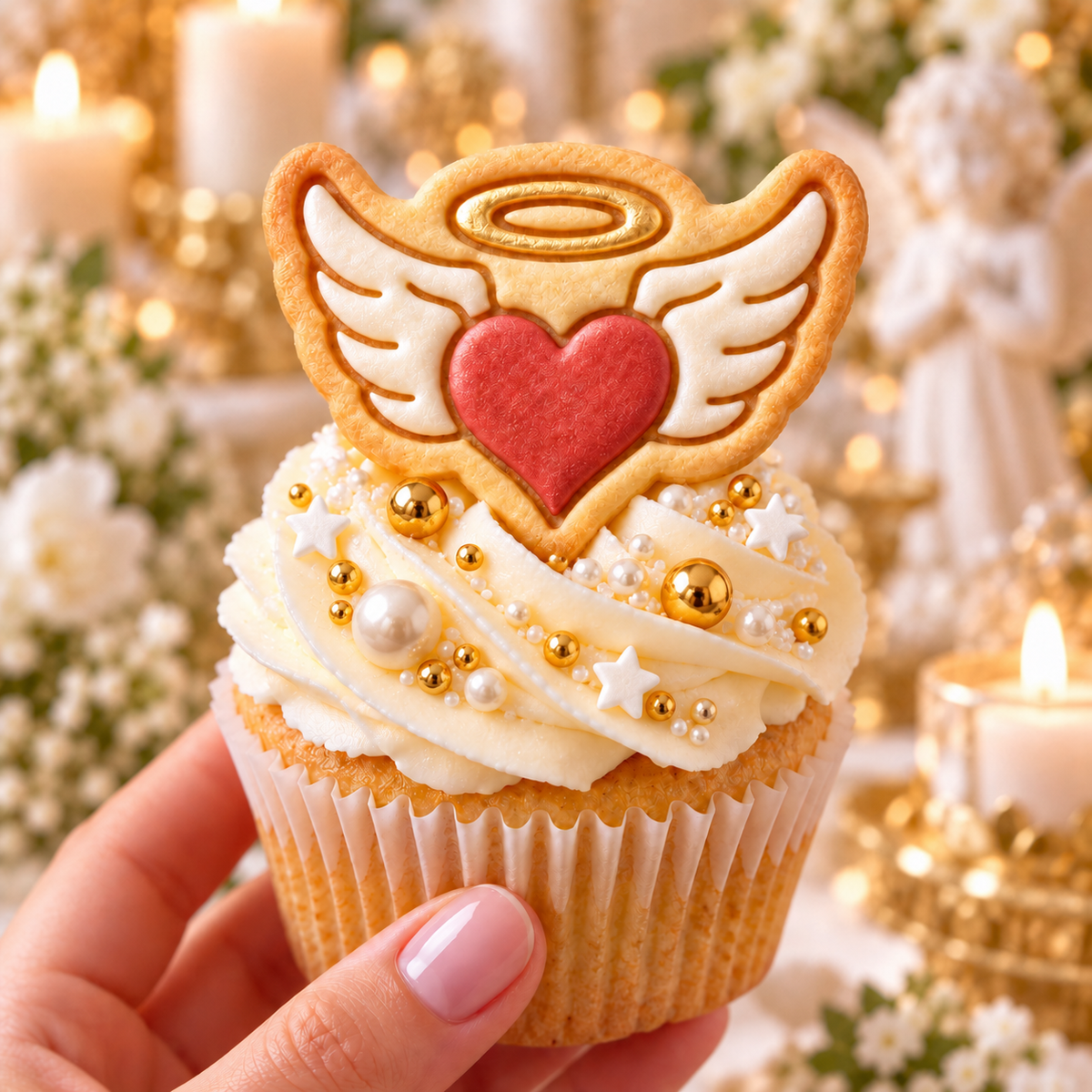 Decorated angel heart with white wings and halo cookie topper on cupcake for Valentine's and celebration baking