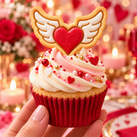Red heart with white wings cookie topper on Valentine cupcake made with winged heart stamp