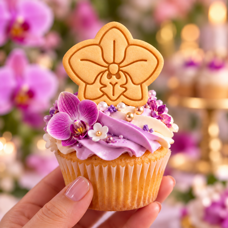 Orchid flower cookie cupcake topper for wedding, bridal shower and Mother's Day baking
