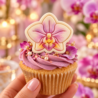 Phalaenopsis orchid flower cookie topper decorated in pink for tropical and floral cupcakes