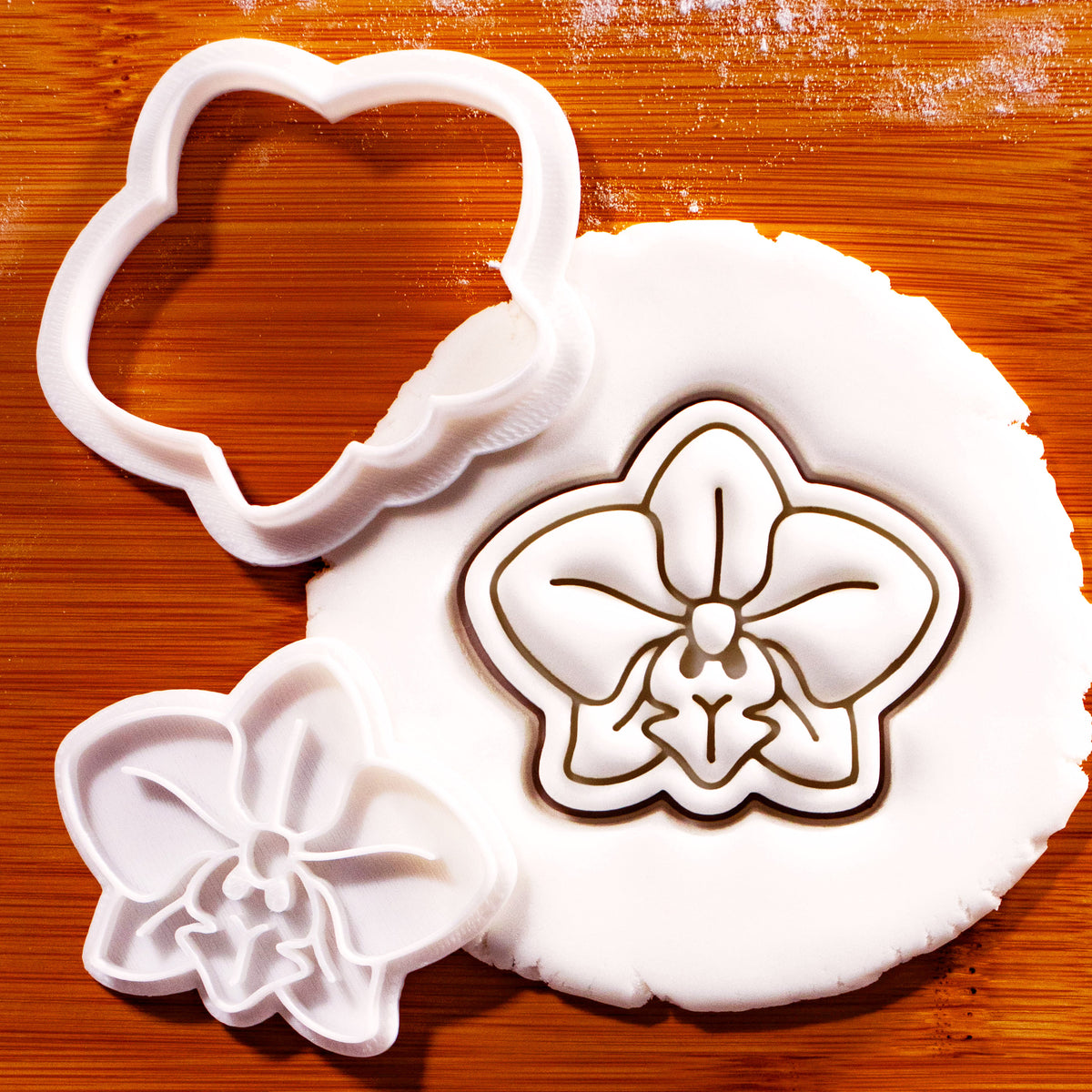 Orchid flower mini cookie cutter and stamp with detailed Phalaenopsis fondant impression