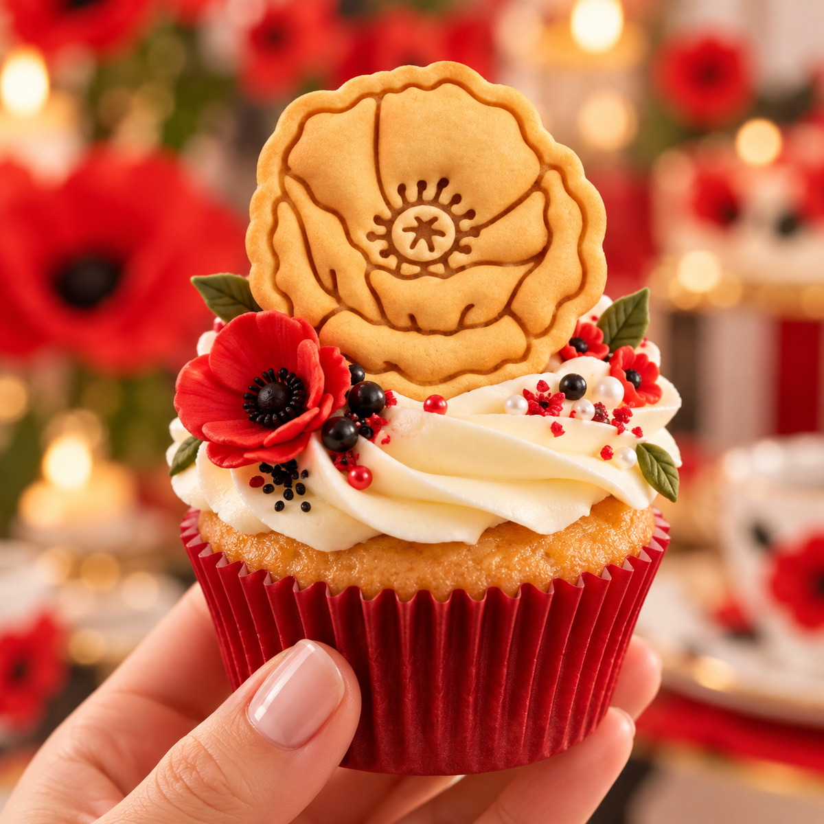 Poppy flower cookie cupcake topper for Remembrance Sunday, weddings and floral baking
