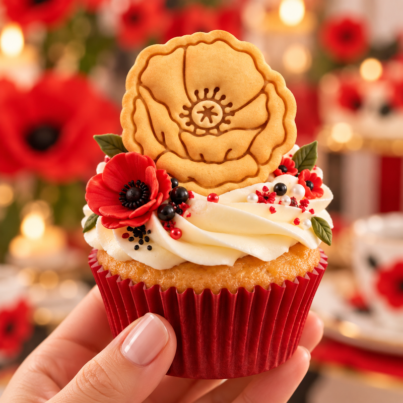Poppy flower cookie cupcake topper for Remembrance Sunday, weddings and floral baking