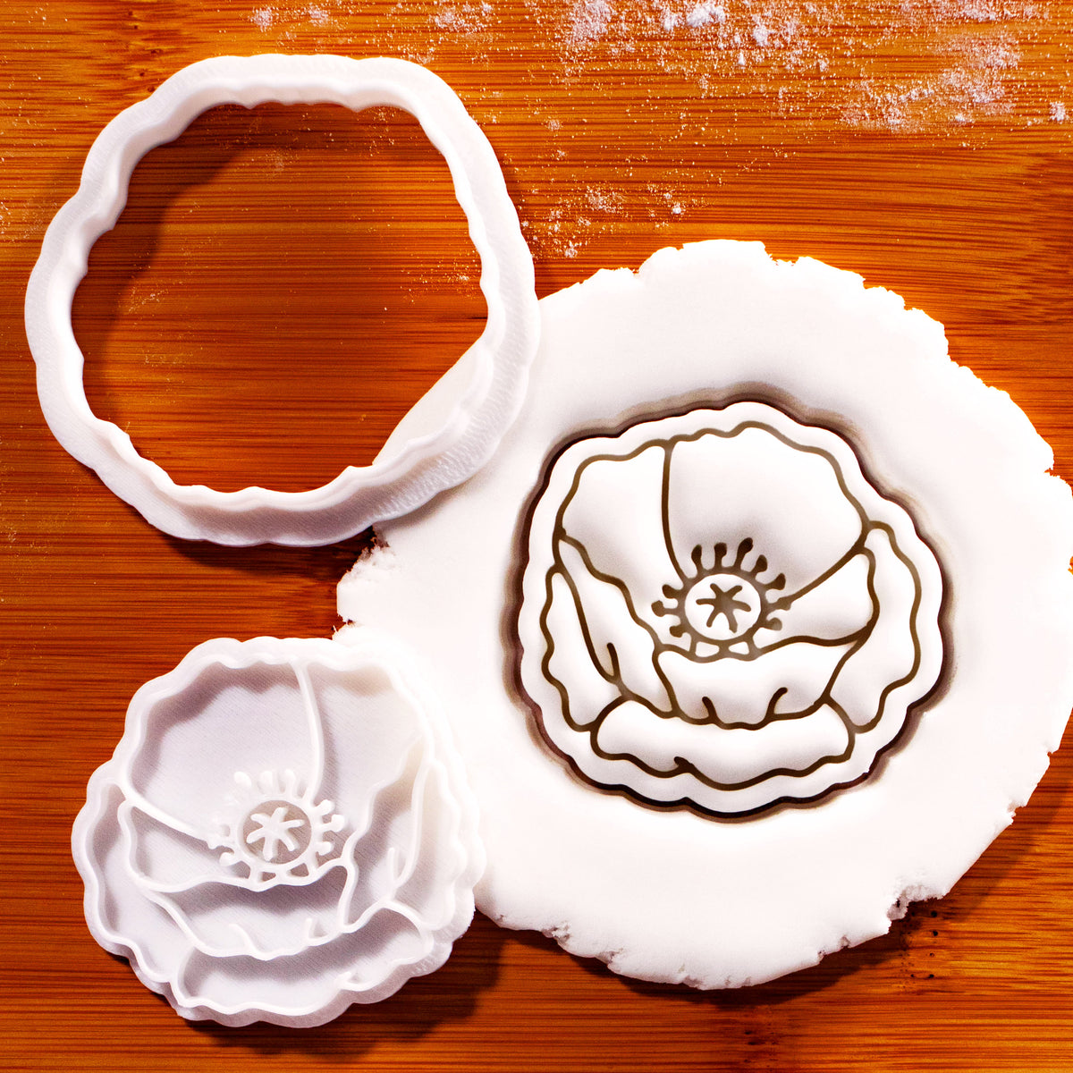 Poppy flower mini cookie cutter and stamp with detailed corn poppy fondant impression