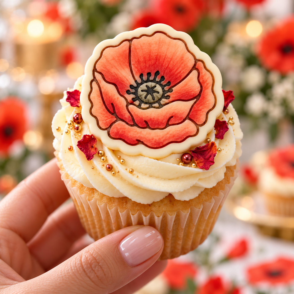 Red poppy flower cookie topper on cupcake for remembrance, Mother's Day and garden party baking