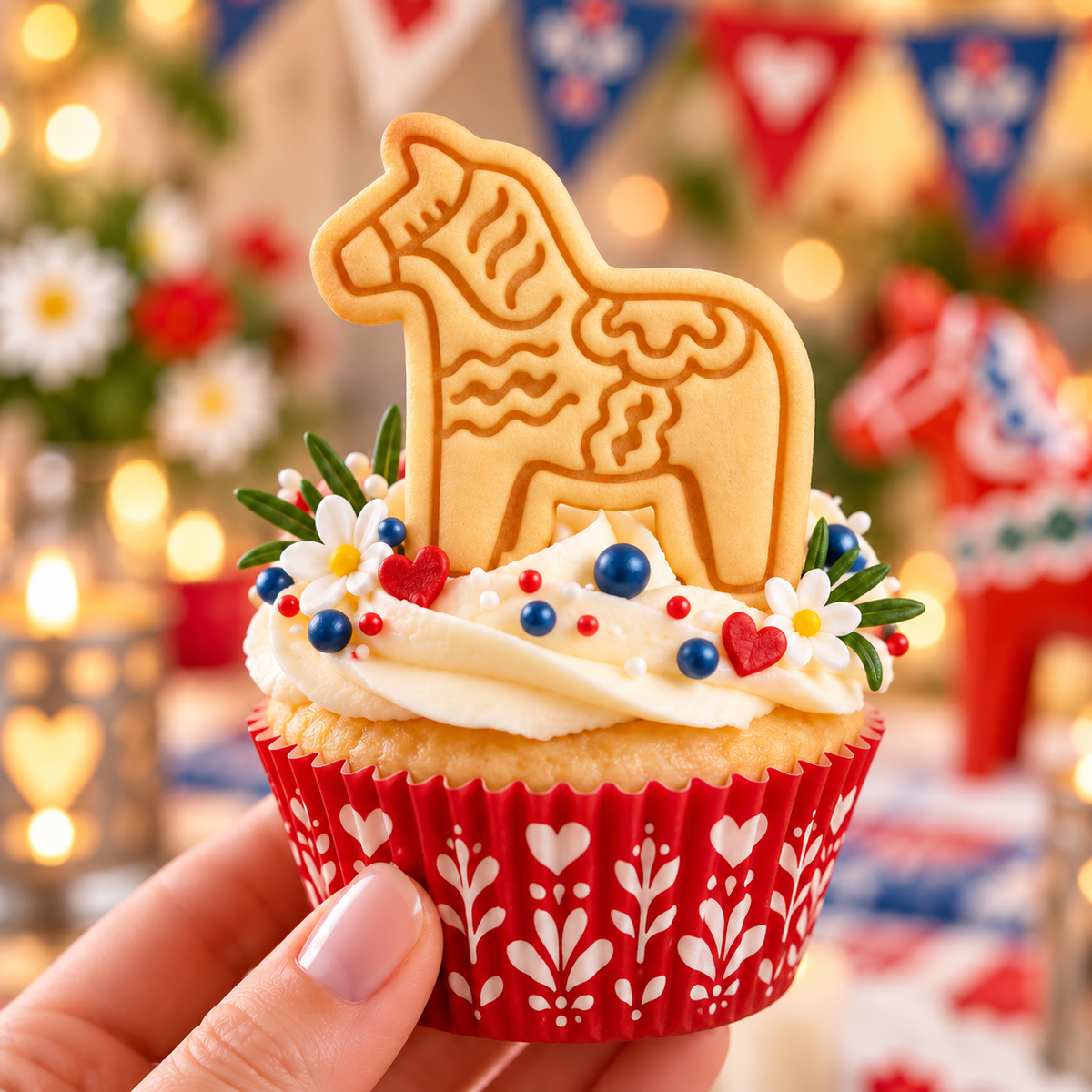 Swedish Dala horse cookie cupcake topper for Scandinavian Christmas and Nordic party baking