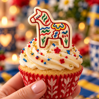 Colourful Dala horse cookie topper on cupcake for Swedish Christmas and Scandinavian baking