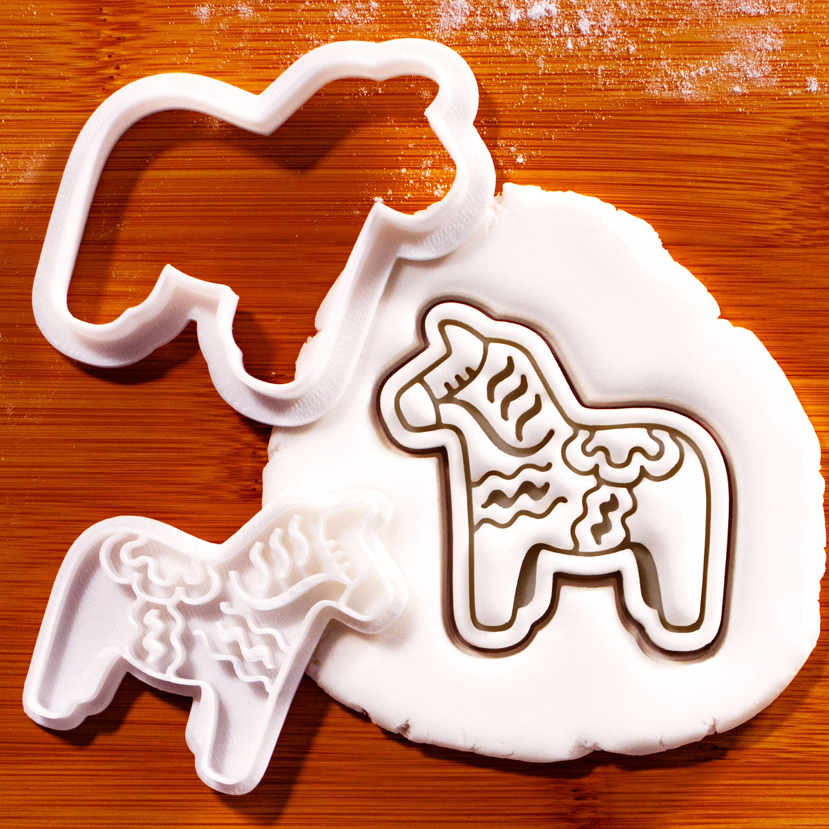 Dala horse mini cookie cutter and stamp with detailed Swedish folk art fondant impression