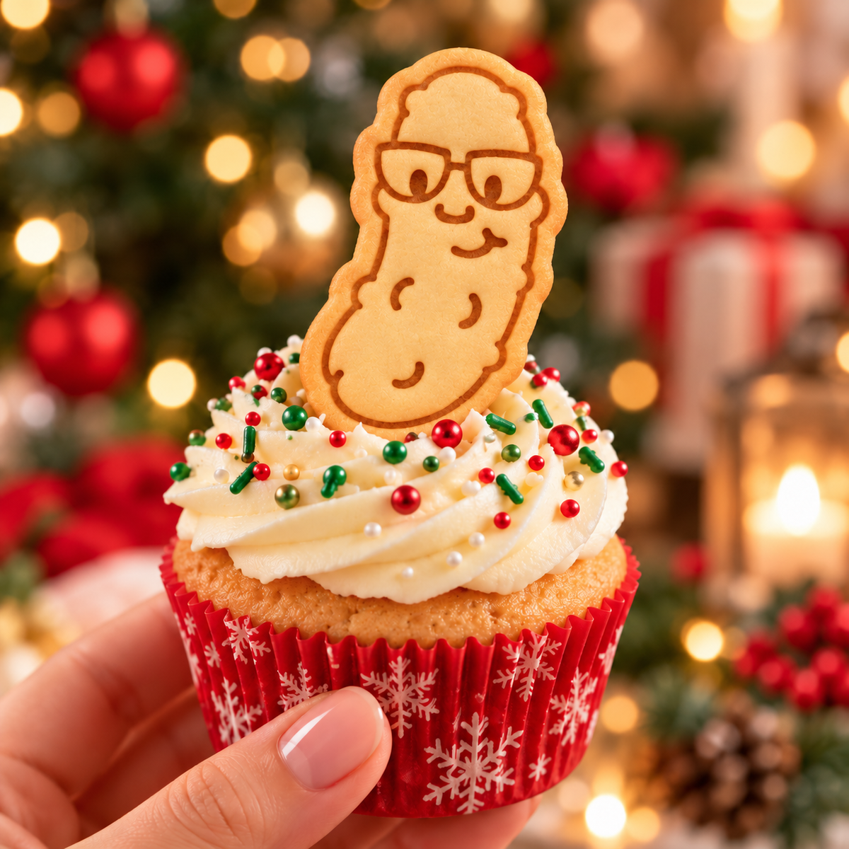 Nerdy Christmas pickle cookie with glasses used as a festive cupcake topper