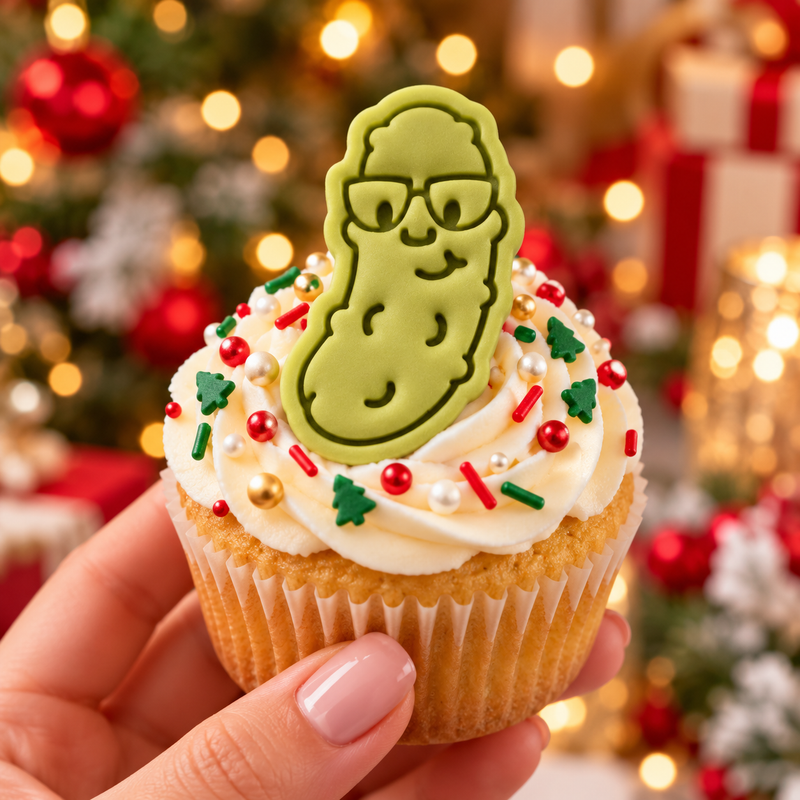 Green Christmas pickle fondant topper with glasses on festive cupcake for funny holiday baking