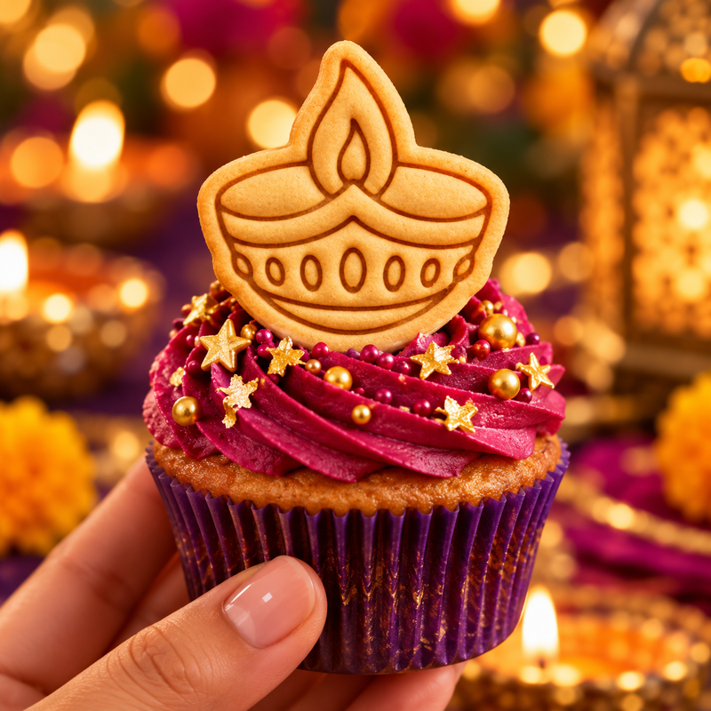 Diya oil lamp cookie with embossed flame used as a cupcake topper for Diwali baking
