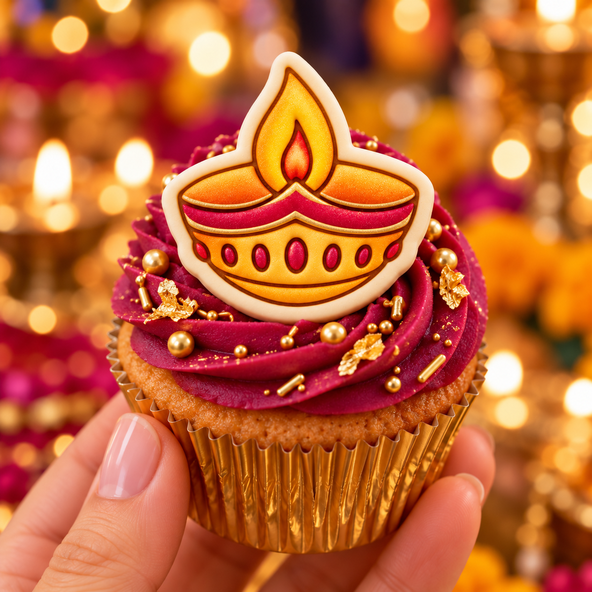 Colourful diya oil lamp fondant topper on festive cupcake for Diwali and Deepavali celebrations