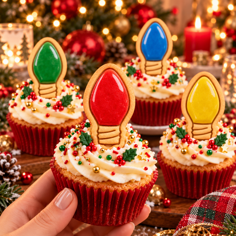Colourful Christmas light bulb cookies on cupcakes for Xmas parties and festive holiday baking