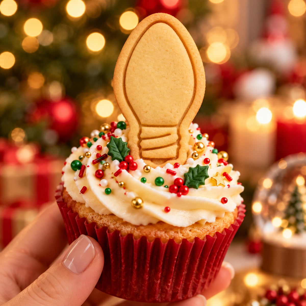 Christmas light bulb cookie cupcake topper made with mini cookie cutter and stamp for festive Xmas baking
