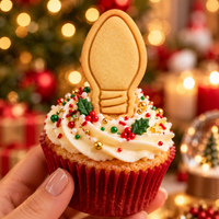 Christmas light bulb cookie cupcake topper made with mini cookie cutter and stamp for festive Xmas baking