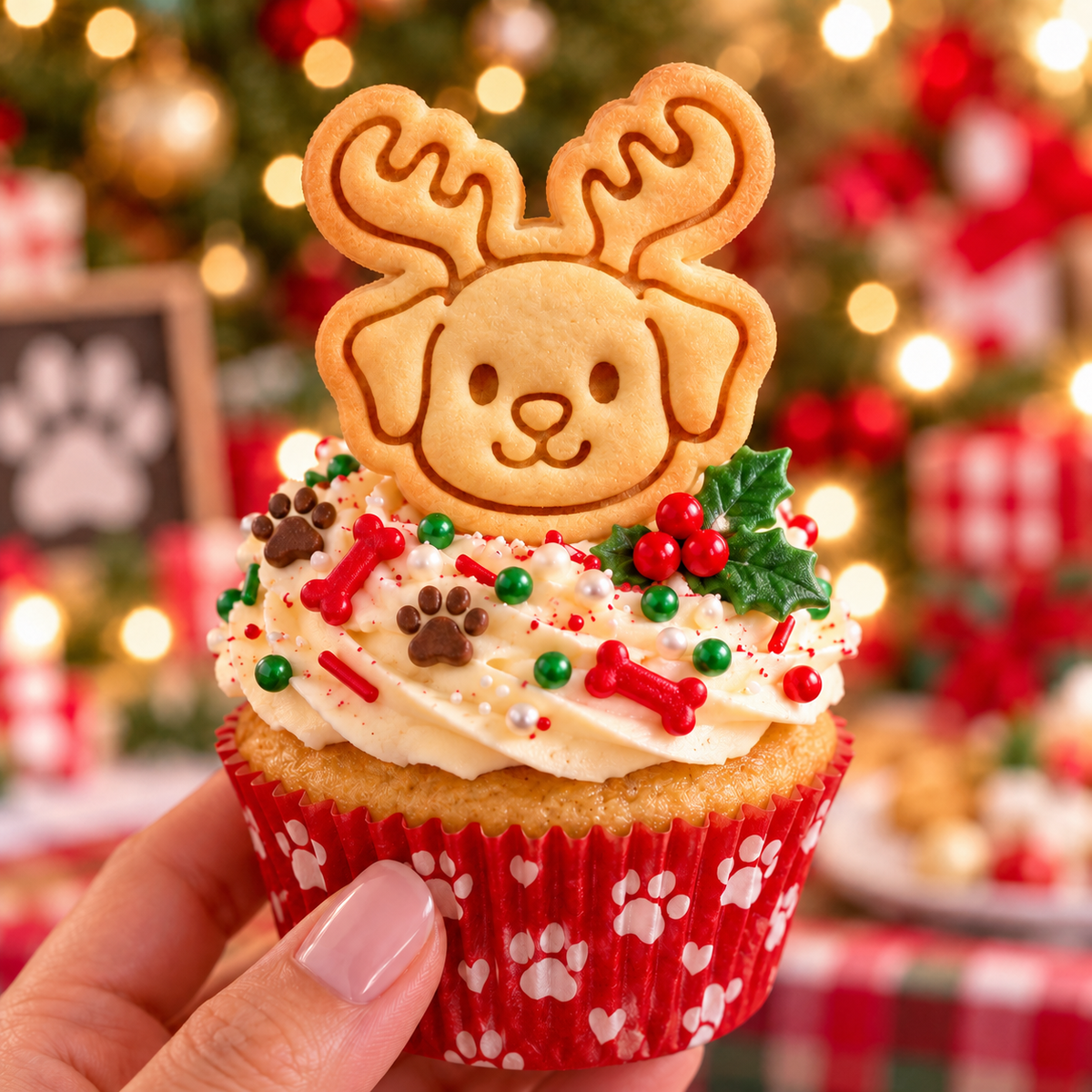 Puppy reindeer cookie cupcake topper made with mini cookie cutter and stamp for Christmas baking