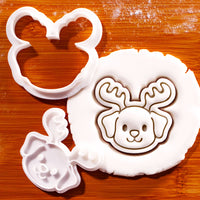 Puppy reindeer mini cookie cutter and stamp with detailed fondant impression for Christmas baking