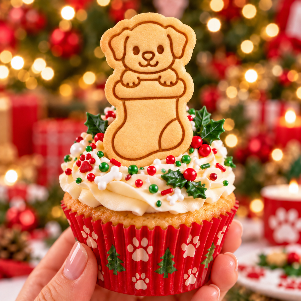 Puppy in Christmas stocking cookie cupcake topper made with mini cutter and stamp for Christmas baking