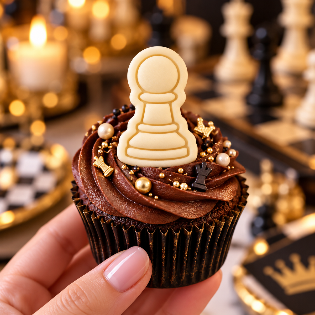 Pawn chess fondant cupcake topper made with mini cookie cutter and stamp for chess themed party baking