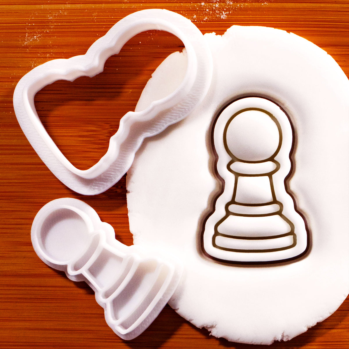 Pawn chess piece mini cookie cutter and stamp set with detailed fondant impression for chess baking