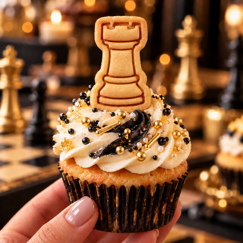 Rook chess piece cookie cupcake topper for chess party, tournament and board game themed baking