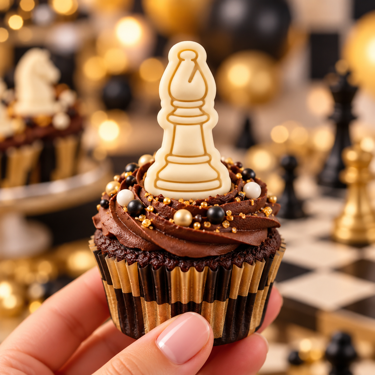 Bishop chess fondant cupcake topper made with mini cookie cutter and stamp for chess themed baking