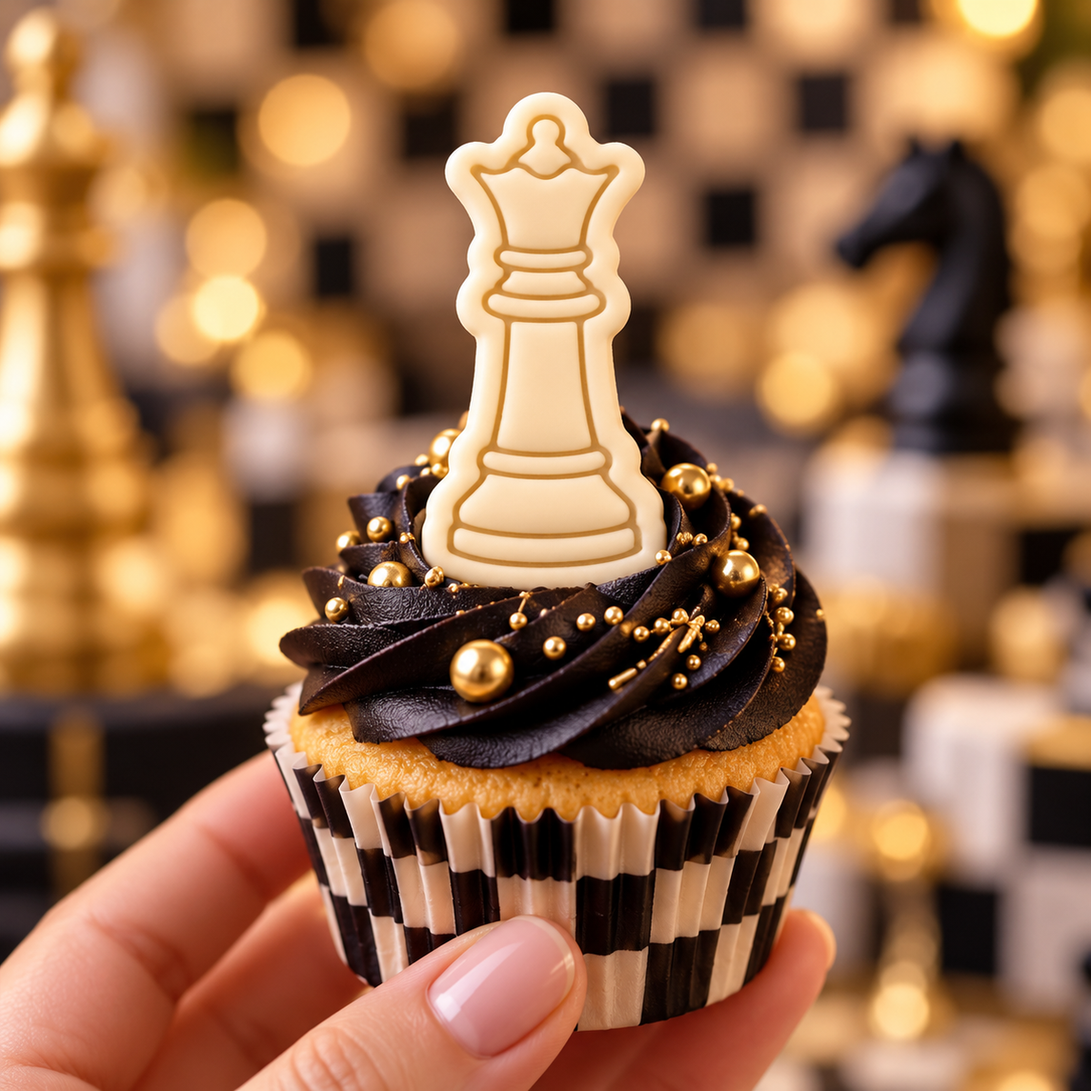 Queen chess fondant cupcake topper made with mini cookie cutter and stamp for chess themed baking