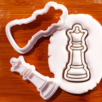 Queen chess piece mini cookie cutter and stamp set with detailed fondant impression for chess baking