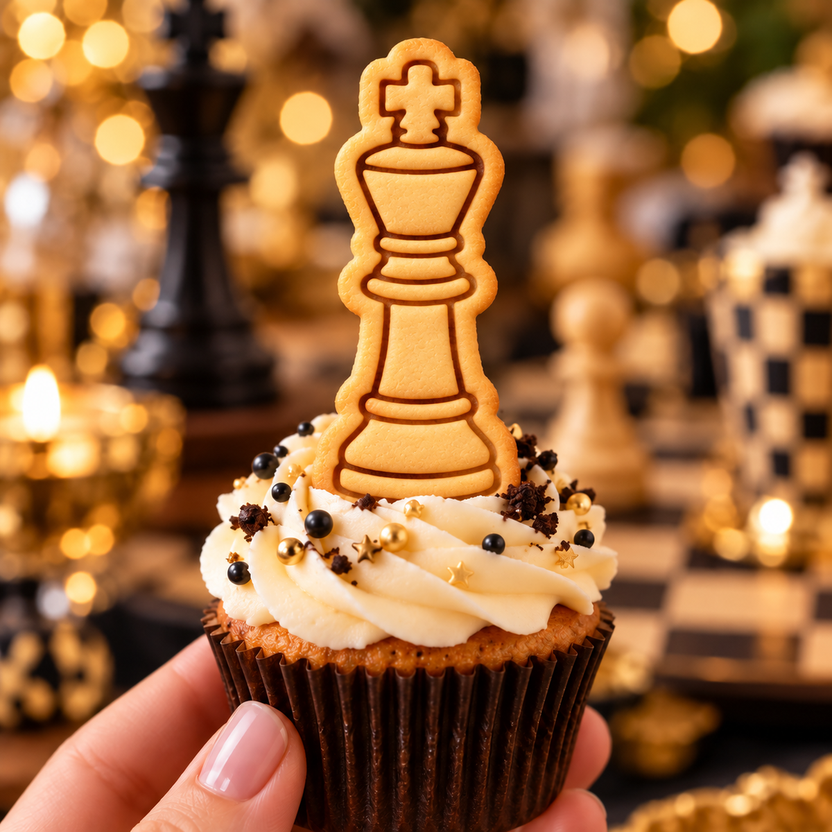 King chess piece cookie cupcake topper for chess party, tournament and board game themed baking